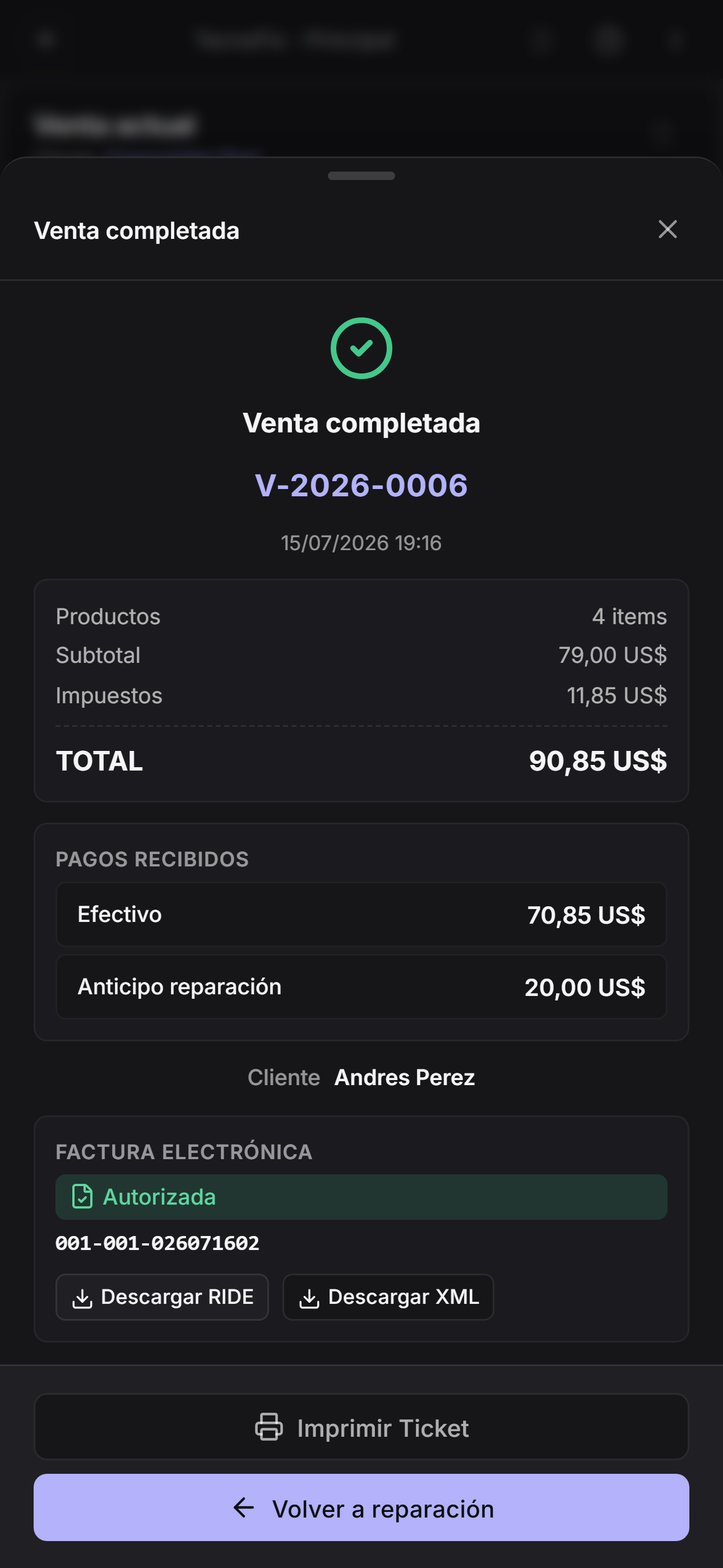 Venta completada con la factura electrónica autorizada por el SRI y los botones para descargar el RIDE y el XML